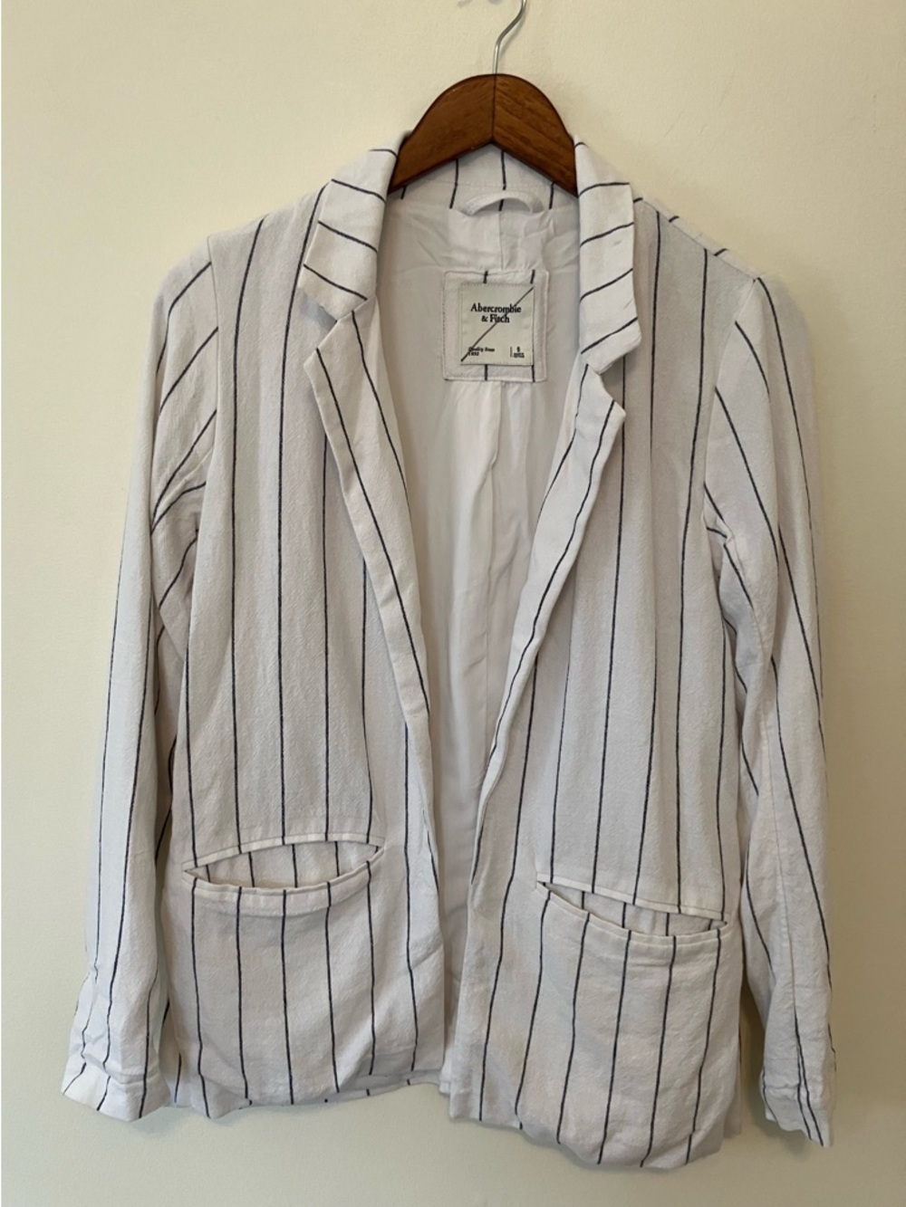 Abercrombie & Fitch Linen Blend Open Blazer Women S White Stripe Preppy Nautical